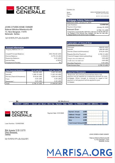 Realistic Serbia Societe Generale bank mortgage statement in Word and PDF formats download for verification